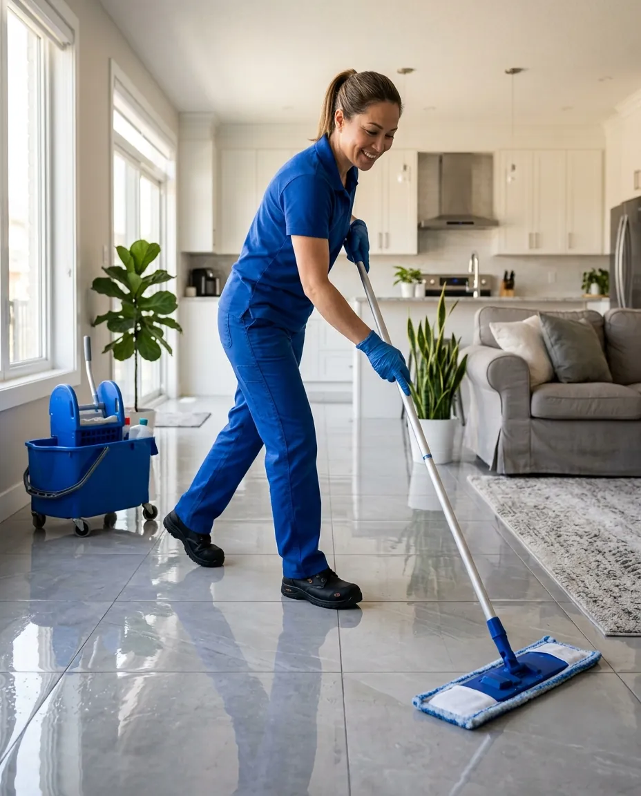 Smiling Kleanly cleaner mopping a bright kitchen floor