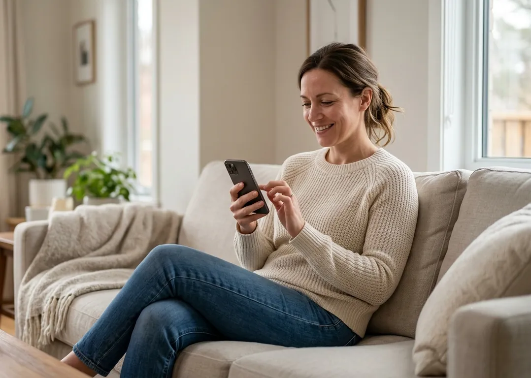 Homeowner smiling while booking a clean on her phone